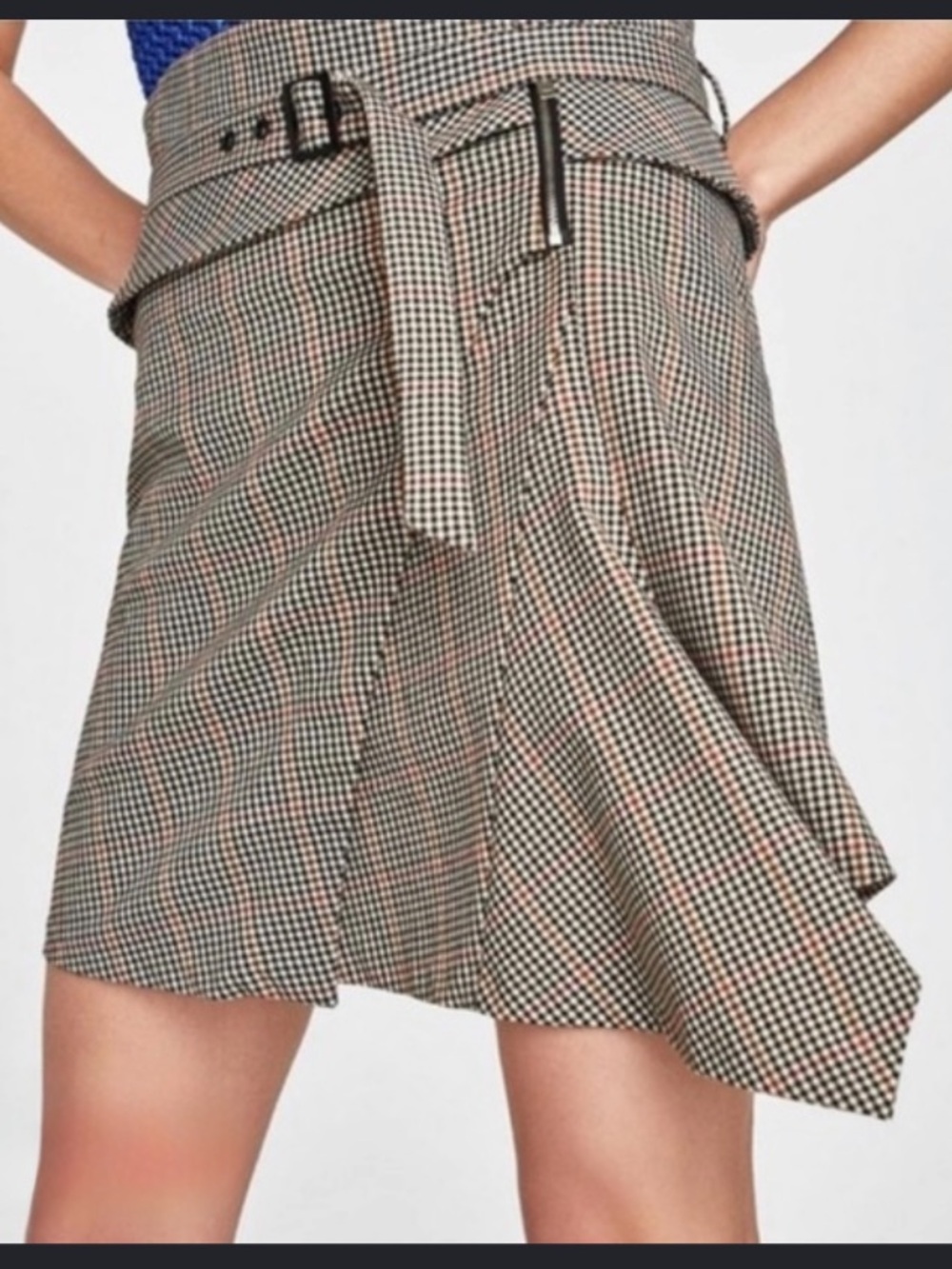 Zara Asymmetrical Houndstooth Belted Skirt - Black & White with Red Accent 17.1T